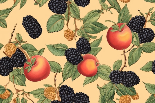 A fruity background with a peach and blackberries.