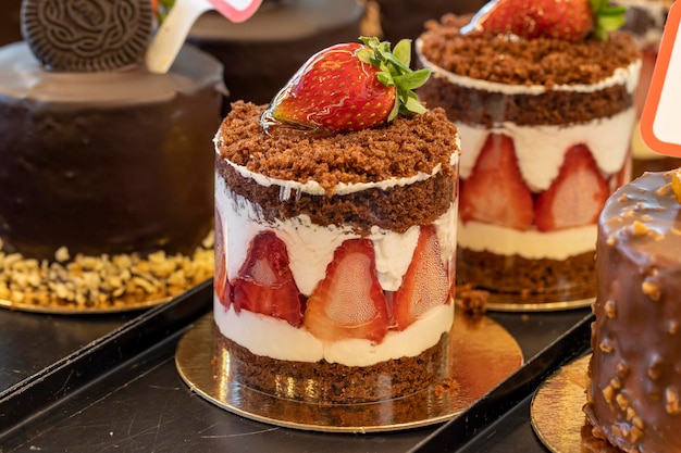 Fruity cake Small cakes on display at the patisserie counter