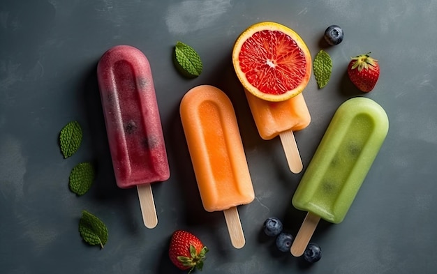 Fruity ice popsicles top view isolated on dark background