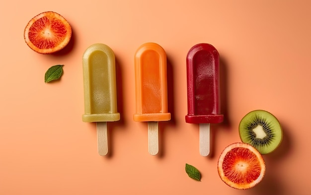 Fruity ice popsicles top view isolated on orange background