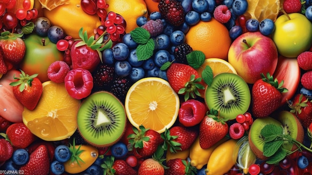 Fruity rainbow of colorful fruits and berries Created with Generative AI technology