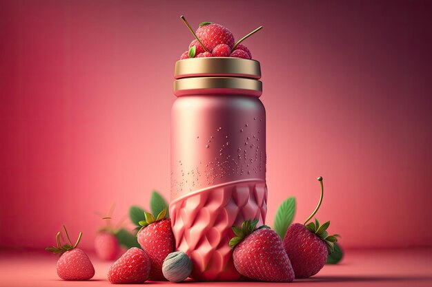 Fruity strawberry drink in a shiny metal glass 3D illustration displays a bright pink steel bottle with strawberry shake reusable straw and fresh berries around it