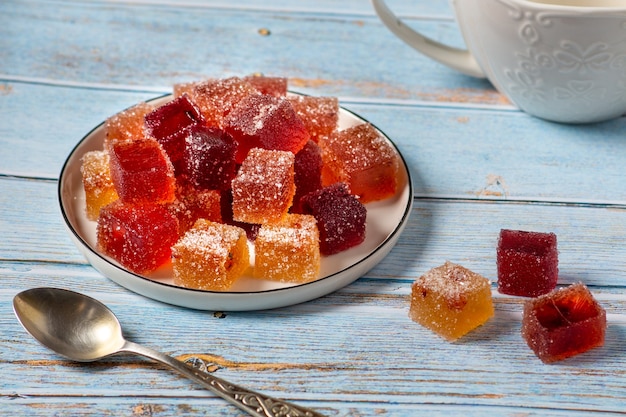 Fruity Turkish delight on a white plate