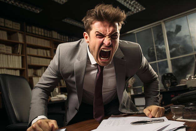 Frustrated angry businessman is shouting and working with computer in office