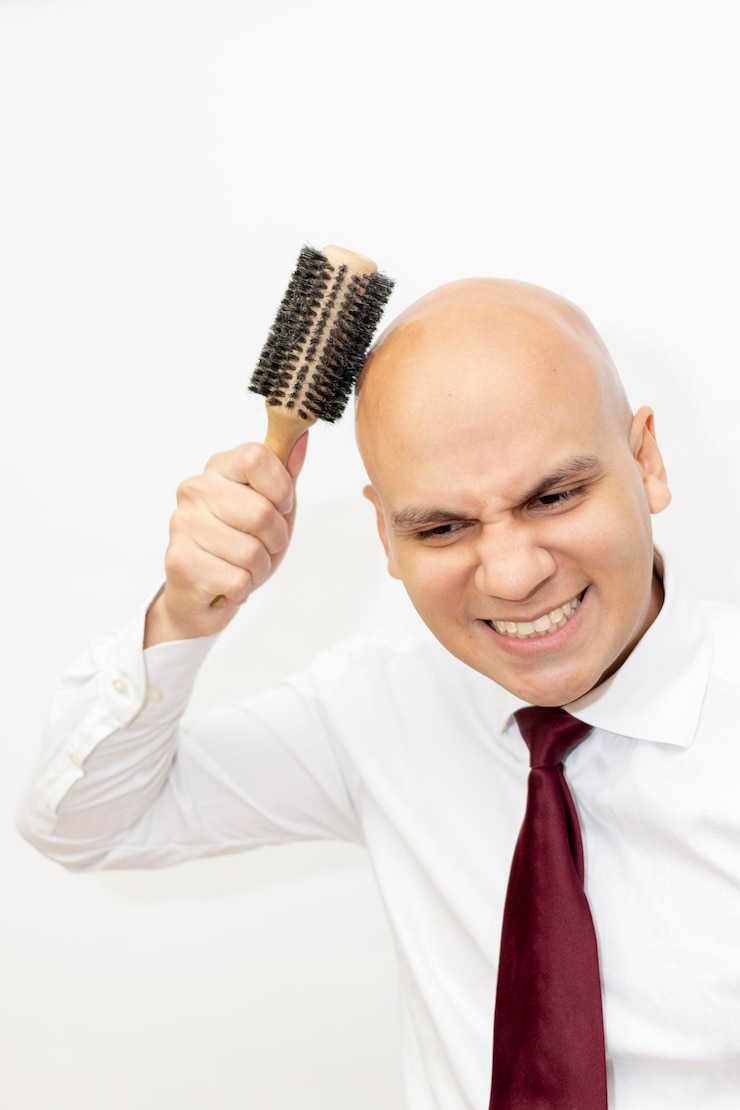 Photo frustrated bald businessman holding hairbrush against white background