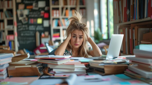 Foto studente frustrata che studia in biblioteca