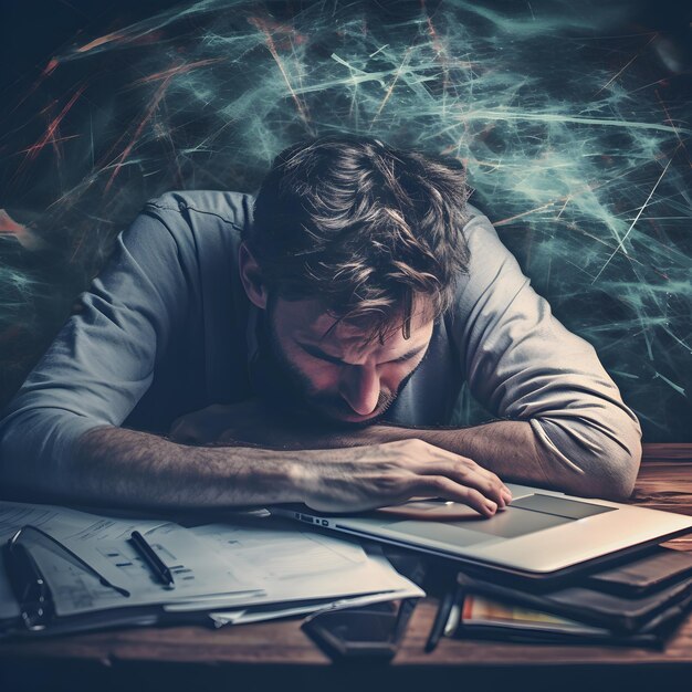 Frustrated man on his desk officd overthinking