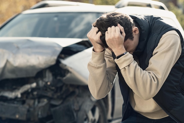 Foto un uomo frustrato vicino a un'auto rotta. mi ha afferrato la testa rendendomi conto che il danno è grave, l'auto è irreparabile.