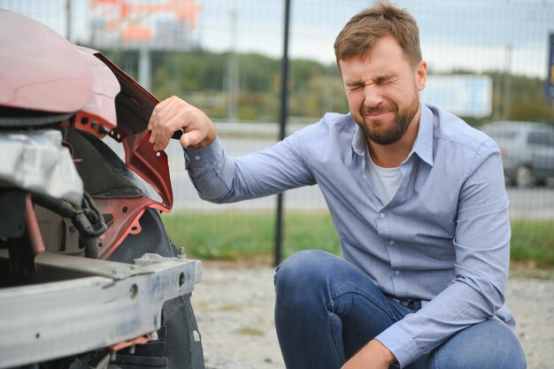 Photo a frustrated man near a broken car grabbed my head realizing the damage is serious the car is beyond repair