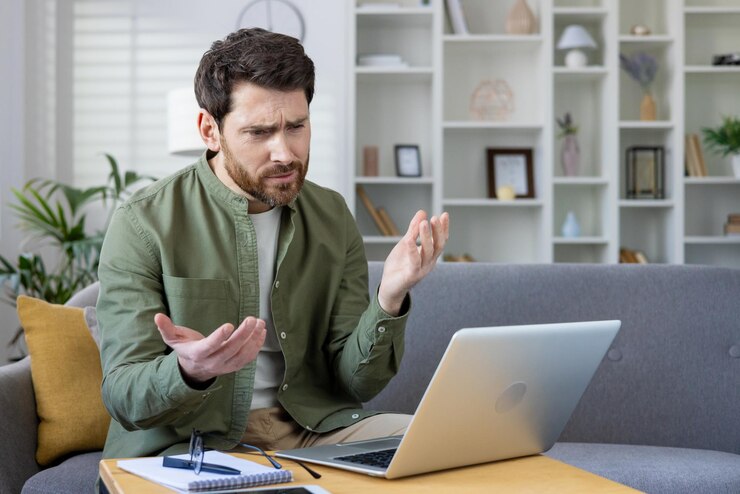 Photo frustrated man working from home on laptop with confused expression