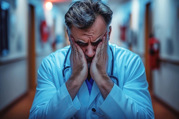 frustrated sad depressed adult male doctor surgeon is crying in corridor of a hospital clinic after an unsuccessful operation