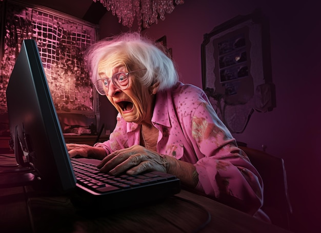 Photo frustrated and scared old woman in front of computer technology problems colorful pink light