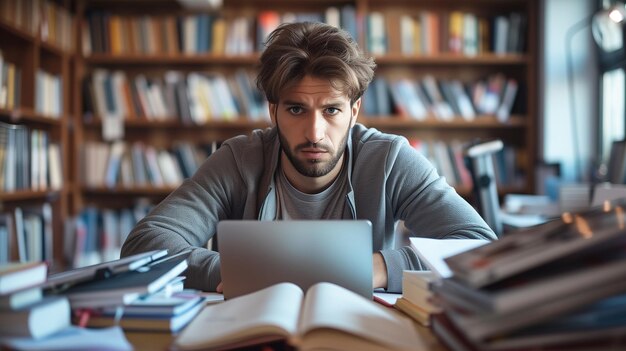 Foto studente frustrato che legge libri in biblioteca