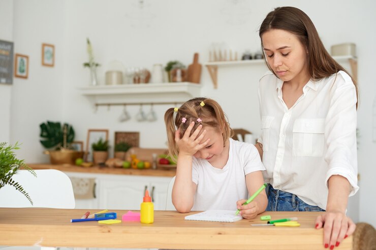 Frustrated young mother or tutor teaching kid at home remote school education