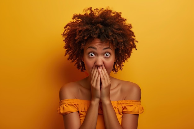 Frustreerde gemengde ras jonge vrouw heeft scherp haar bijt vingernagels met nerveuze uitdrukking staart met ogen vol angst draagt casual kleding staat tegen gele studio muur