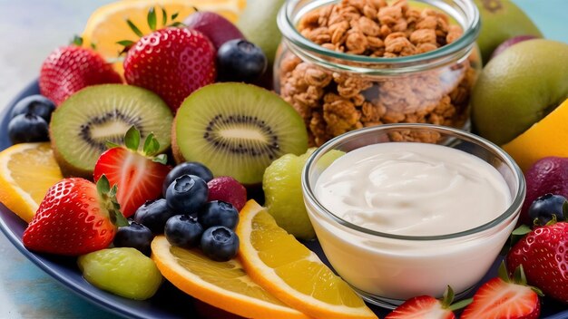 Photo fruts with yougurt and granola cereals