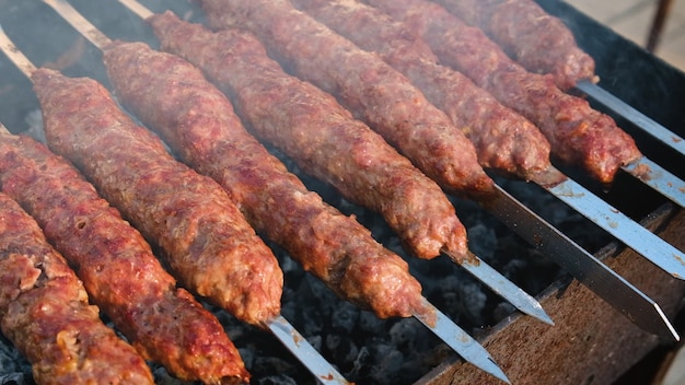 Fry lula kebab on skewers. Selective focus. Food.