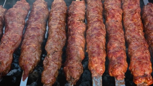 Fry lula kebab on skewers. Selective focus. Food.