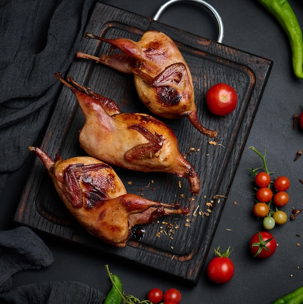 Frying carcasses of quails lie on a wooden board with vegetables