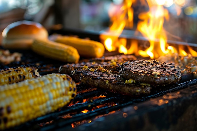 Foto frying corn cob e hamburger bun su una griglia