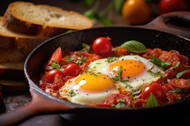 Frying eggs with tomatoes