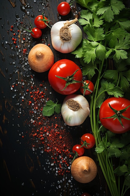 Frying onions pepper garlic and ketchup on old green board in the style of minimalist background