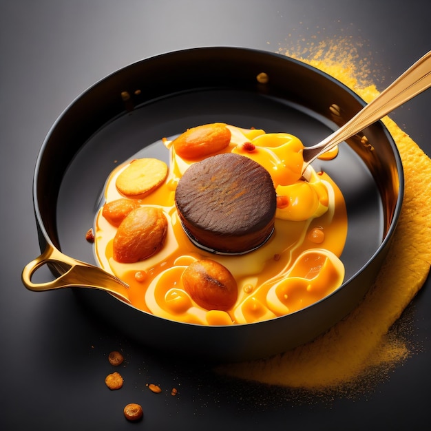 A frying pan of food with a spoon and a gold spoon on it