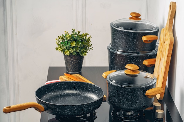 Frying pan on the gas stove in a kitchen