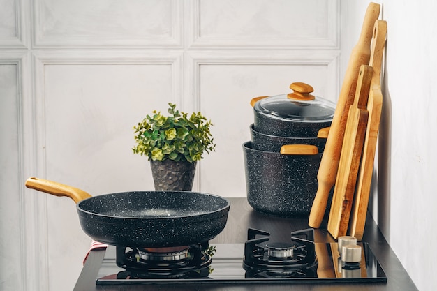 Frying pan on the gas stove in a kitchen