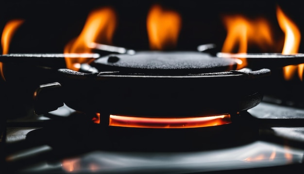 Photo a frying pan on a stove with flames