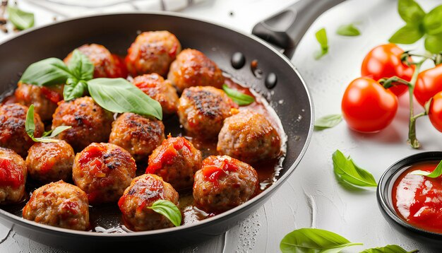 Frying pan of tasty meat balls with tomato sauce and basil on white background