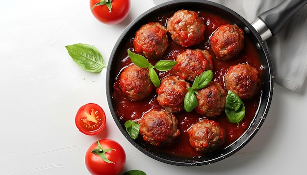 Photo frying pan of tasty meat balls with tomato sauce and basil on white background