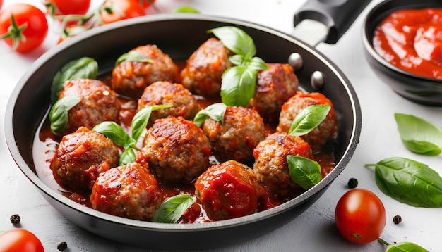 Photo frying pan of tasty meat balls with tomato sauce and basil on white background