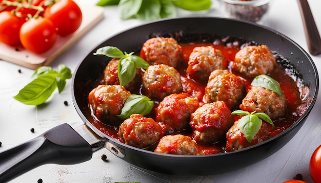 Photo frying pan of tasty meat balls with tomato sauce and basil on white background