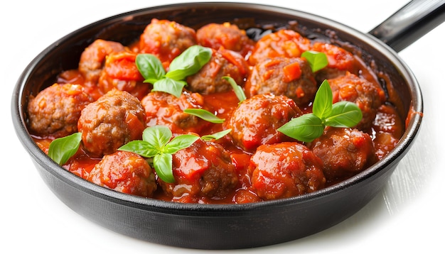 Frying pan of tasty meat balls with tomato sauce and basil on white background