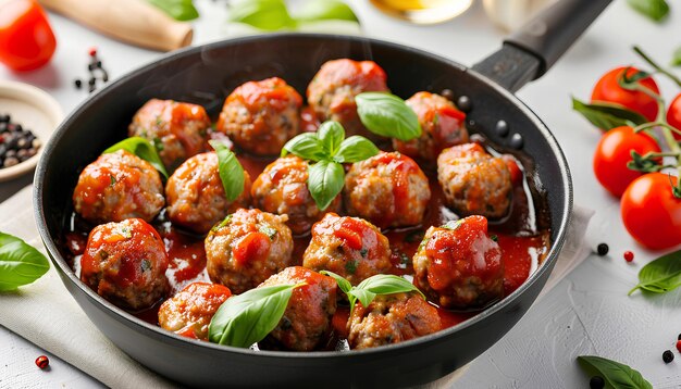 Photo frying pan of tasty meat balls with tomato sauce and basil on white background