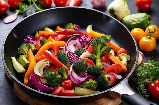 Photo frying pan with colorful vegetables close up