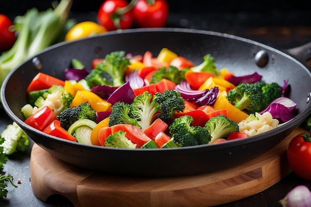 Frying pan with colorful vegetables close up