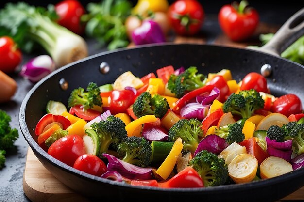 Frying pan with colorful vegetables close up