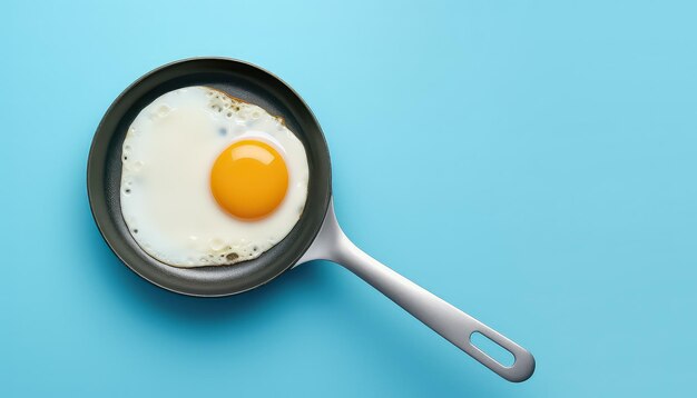 Frying pan with eggs on blue background