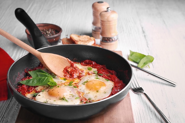 Frying pan with eggs in purgatory on wooden background