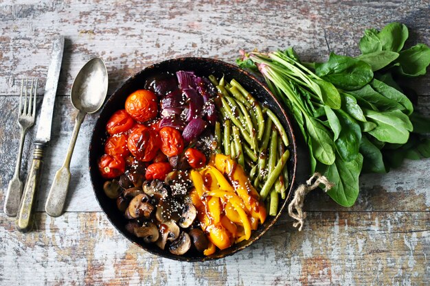 Frying pan with fresh vegetables