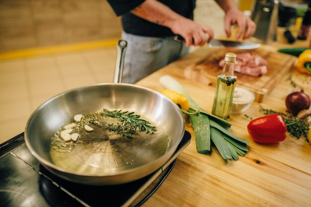 Frying pan with herbs and seasonings closeup