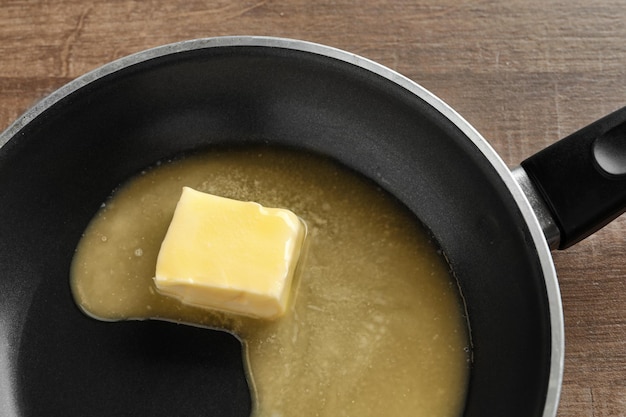 Frying pan with melting butter on wooden background closeup