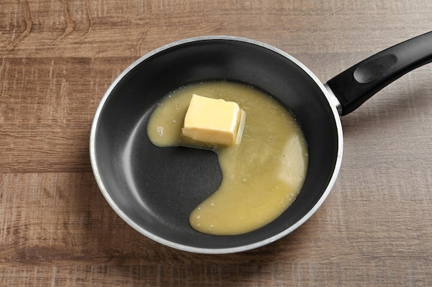 Frying pan with melting butter on wooden background