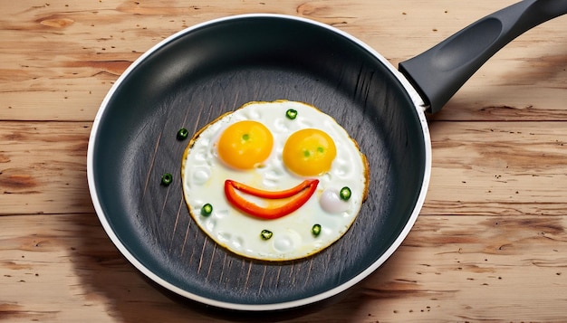 Frying pan with smile vegatables fried eggs on the wood table generative Ai