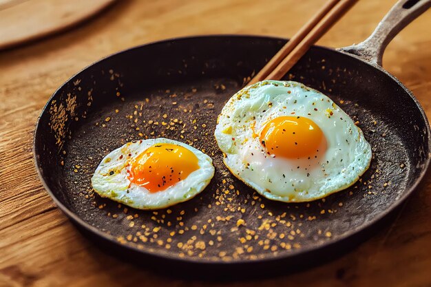 A frying pan with two fried eggs on it
