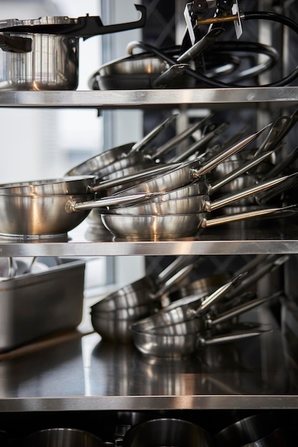 frying pans in a stack on a shelf