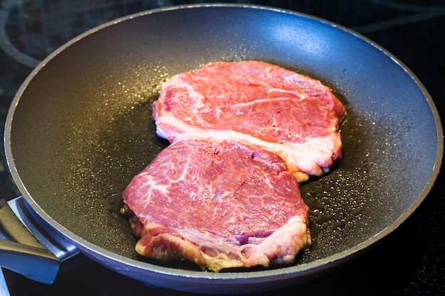 Frying two piece of meat in pan on electric range