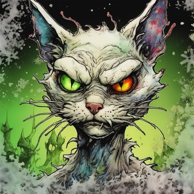 Fsplash Art Alcohol Ink Gedetailleerd portret van Zombie Nightmare Evil Grinchy Siamese Cat